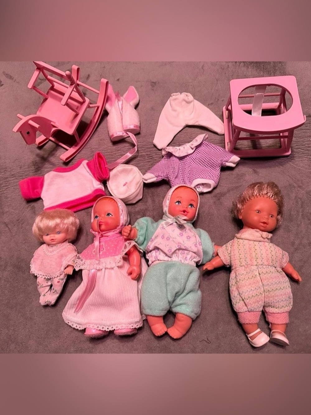 Vintage Baby Doll Lot 4 Dolls Pink Rocking Horse High Chair Clothes